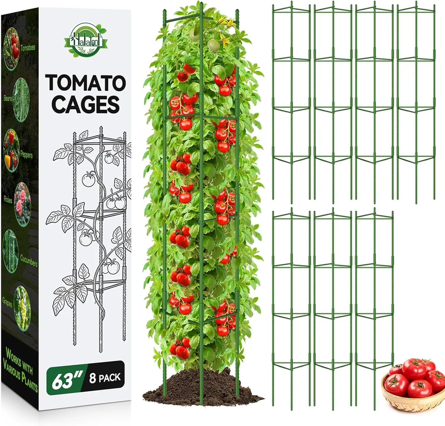 

Набор из 8 регулируемых опор для томатов, высотой до 63 дюймов, для садовых горшков и приподнятых грядок, с колышками и решеткой.