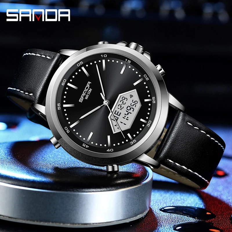 2023 Fashion Sanda Top Brand Sport Men Small Dial Boys Girls Students Led Digital Military Waterproof Dual Display Wrist Watches