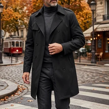Men's Lightweight Double-Breasted Travel Trench Coat 6 Autumn Men's Windbreaker Thin Double-breasted Jacket with Epaulettes Outdoor Travel Windbreaker Medium Length Men's Thin Coat 6