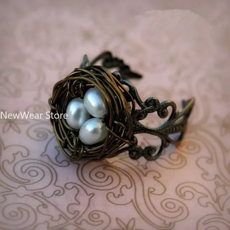 New Fashion Vintage Bird Nest Pearl Ring Love for Women Girls Engagement Anniversary Birthday Gifts Party Jewelry
