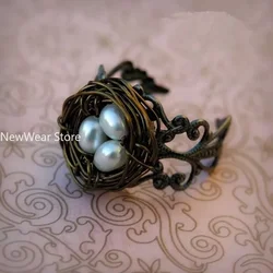 New Fashion Vintage Bird Nest Pearl Ring Love for Women Girls Engagement Anniversary Birthday Gifts Party Jewelry