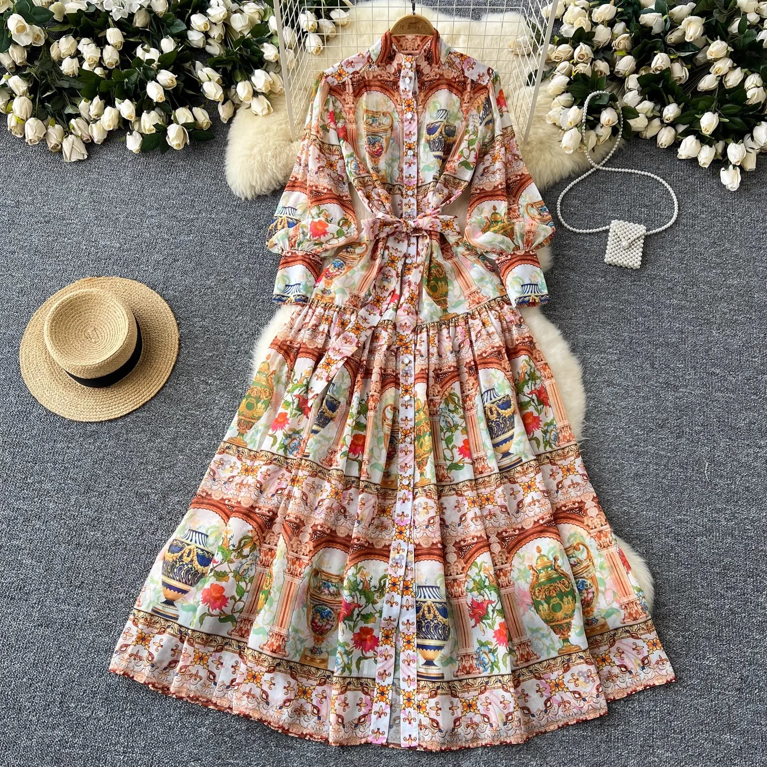 Summer Autumn Muslim Long Sleeve Floral Maxi Dress Shirt Women National Trench Print Loose Big Size Boho Chiffon Vestidos