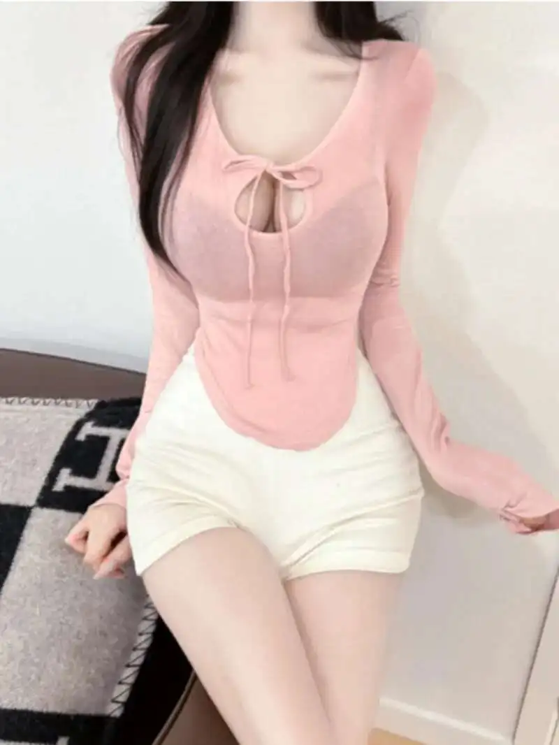 

WOMENGAGA Sweet Tees V Neck Korea Sexy Spicy Girl Laces Up Women Pure Desire Tight Slimming Short Sleeved T-shirt Top For WKW4