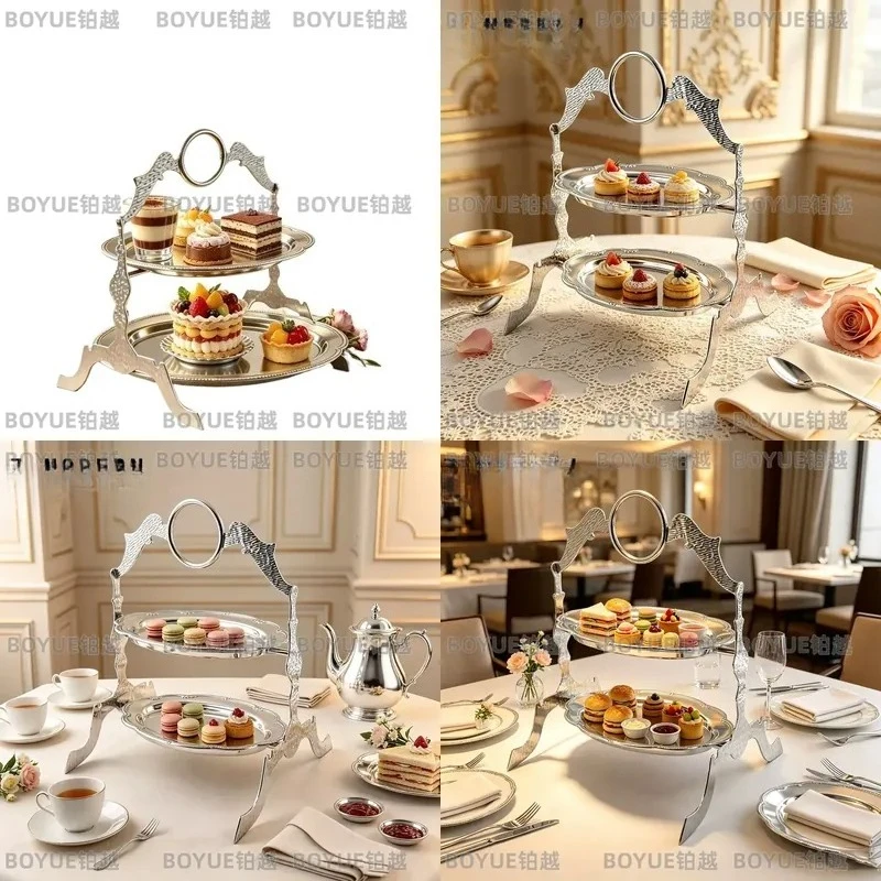 French Court Style Stainless Steel Double Tier Dessert Stand Luxury Macaron Display Tray for Banquet Western Restaurant