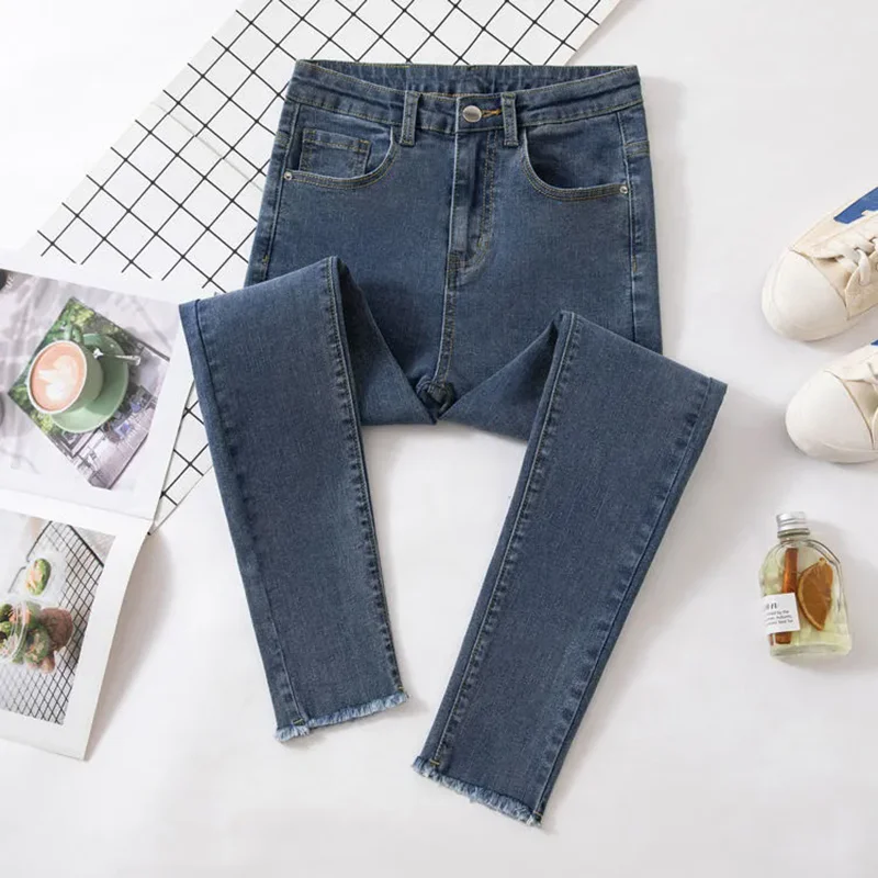 

Women Casual Tassel Skinny Pencil Jeans Spring Fall Oversize 85kg Vintage Vaqueros Korean Design High Waist Stretch Denim Pants