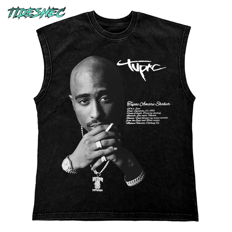 

TIDESHEC 2024 Washed Vest Hip Hop Streetwear T Shirt Oversized Cotton Graphic Portrait Tank Tops 270Gym Tee Top Men Clothing