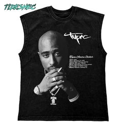 TIDESHEC 2024 Washed Vest Hip Hop Streetwear T Shirt Oversized Cotton Graphic Portrait Tank Tops 270Gym Tee Top Men Clothing