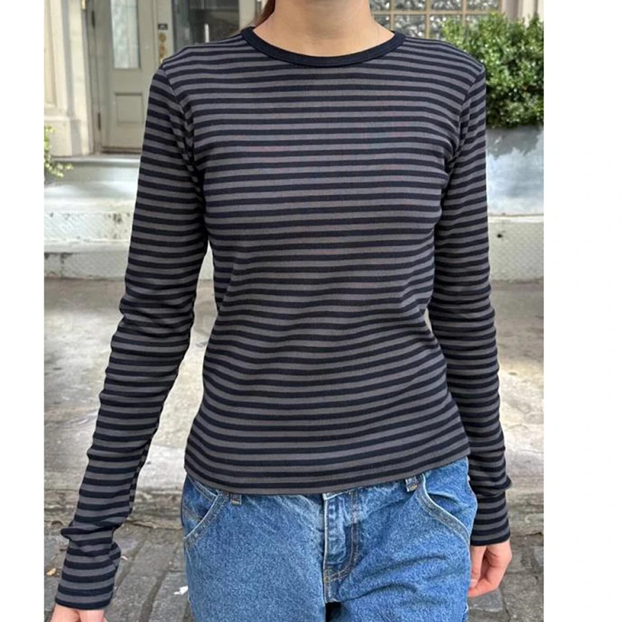 Casual Daily Wear Comfortable Basic Tee Women Tops Long Sleeve T Shirt Lightweight Striped Crew Neck Fall Tops For Women