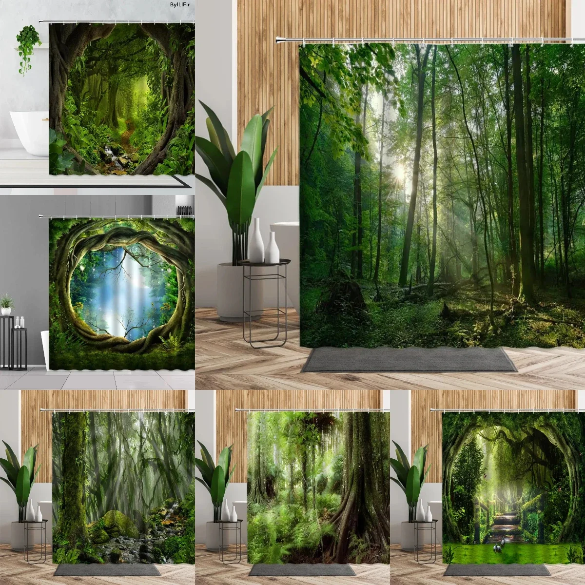 Tropical Forest Shower Curtain, Nature Scenery Green Tundra Forest Waterfall River Animal Bridge, Bathroom Decorative Partitions