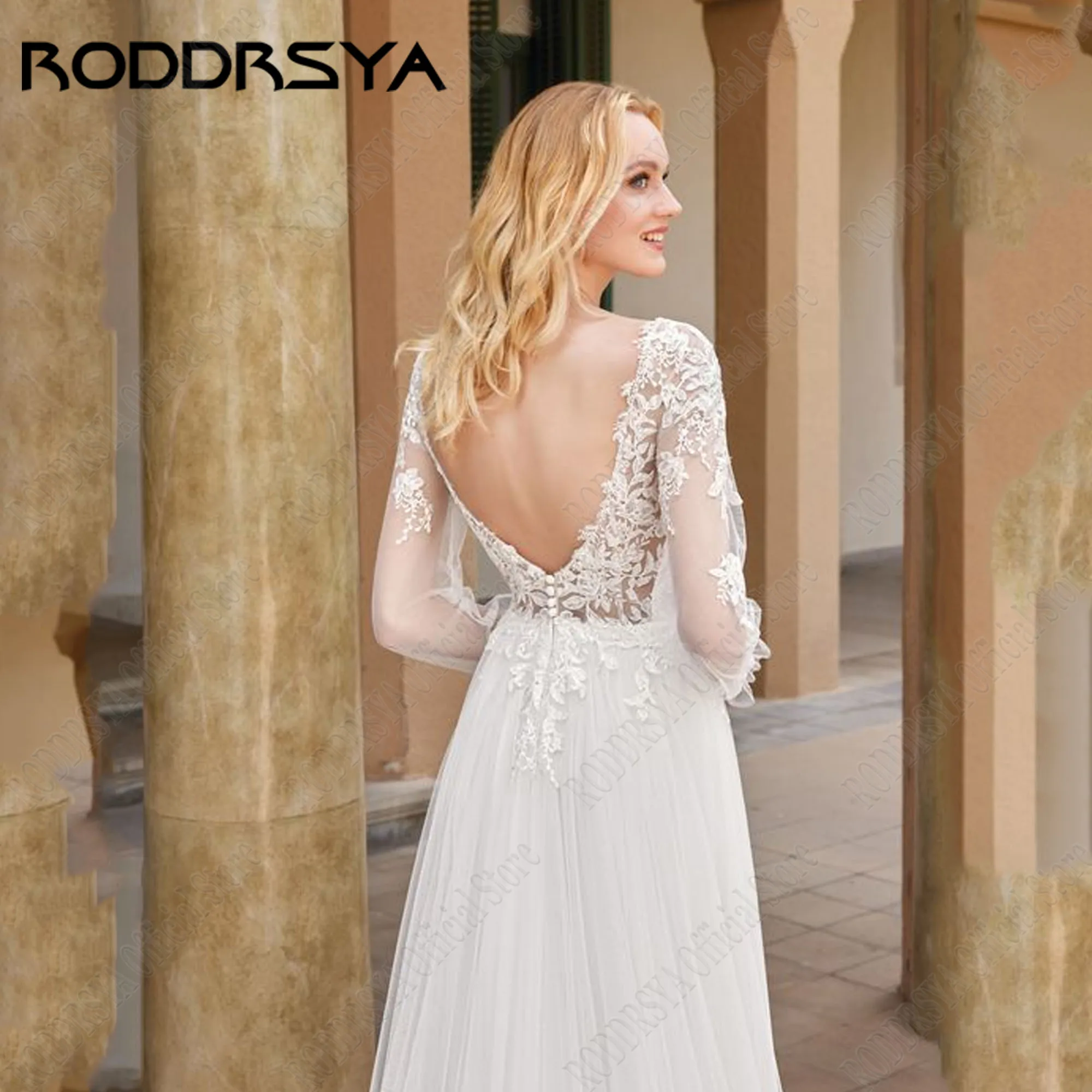 RODDRSYA ที่กําหนดเอง V คอชุดแต่งงาน Applique Civil ด้านข้างแยกแขนยาว Backless คลาสสิกชุดเจ้าสาว Robe De Mariee