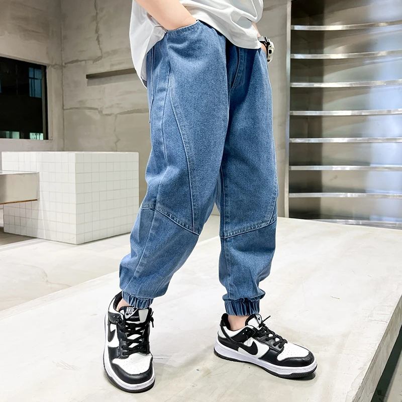 Hot Sale Tweens Child Solid Color Patchwork Pencil Jeans for Boys Casual Denim Pants Kids Teenager Classic Black Jeans Trousers