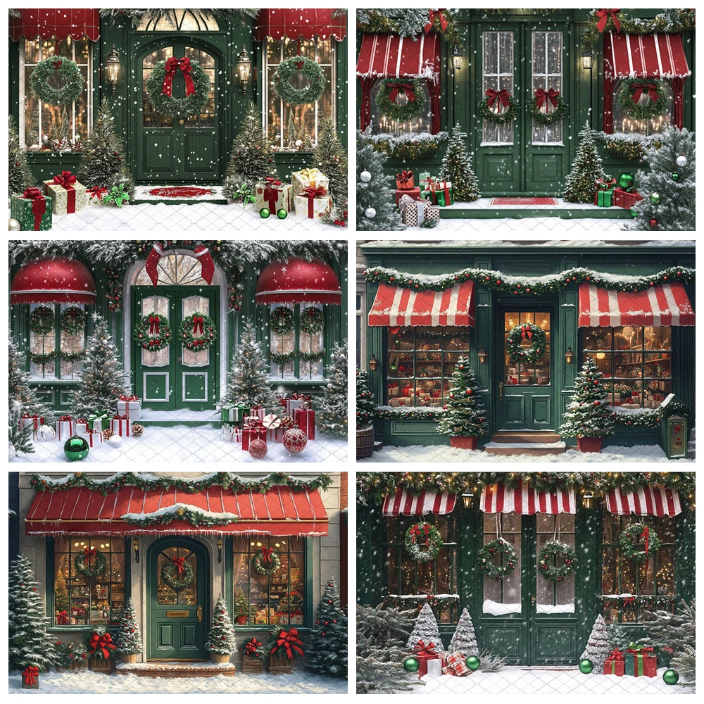 

Retro Green Christmas Gift Shop Photography Background Xmas Tree Wreath Snowy Backdrop Winter Kids Photobooth Studio Props