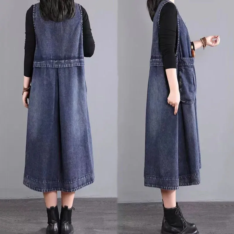 Large Size Women's Denim Vest Dress Spring Korean Dresses Fashion Female Large Pocket Vests Strap Skirt Single-Breasted V-Neck