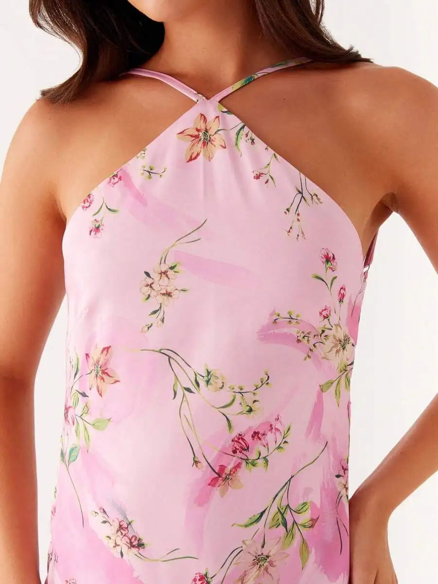 

Womens Summer Halter Floral Print Backless Slim Fit Long Dress For Beach Party
