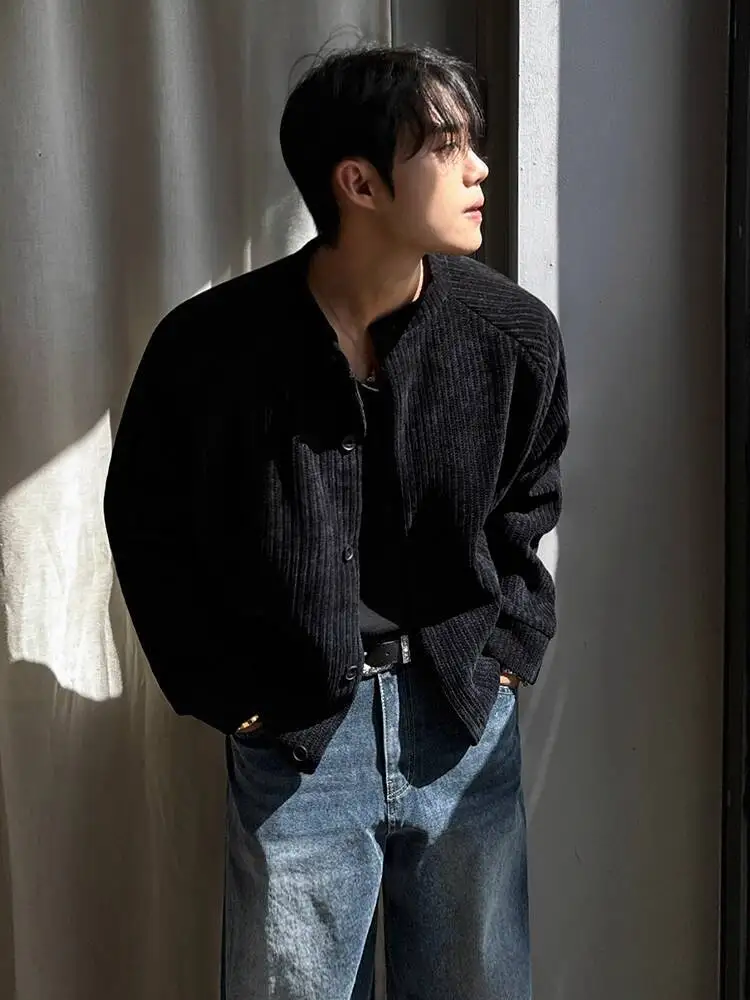 

SYUHGFA 2025 Autumn New Men's Corduroy Jacket Solid Color Stand Collar Korean Style Coats Male Single Breasted Loose Clothing