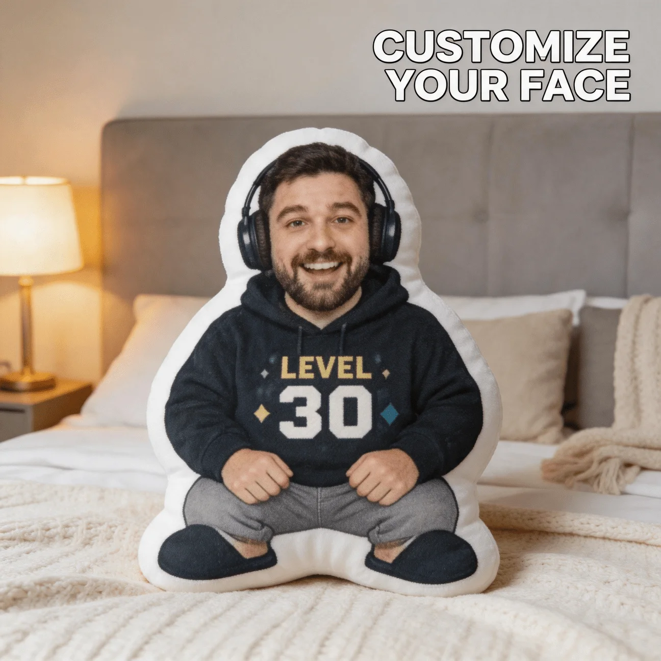 Custom Face Shaped Pillow, Personalized Photo Decorative Cushion with Level 30 Gamer Style, 60CM Accent Pillow for Sofa And Bedr