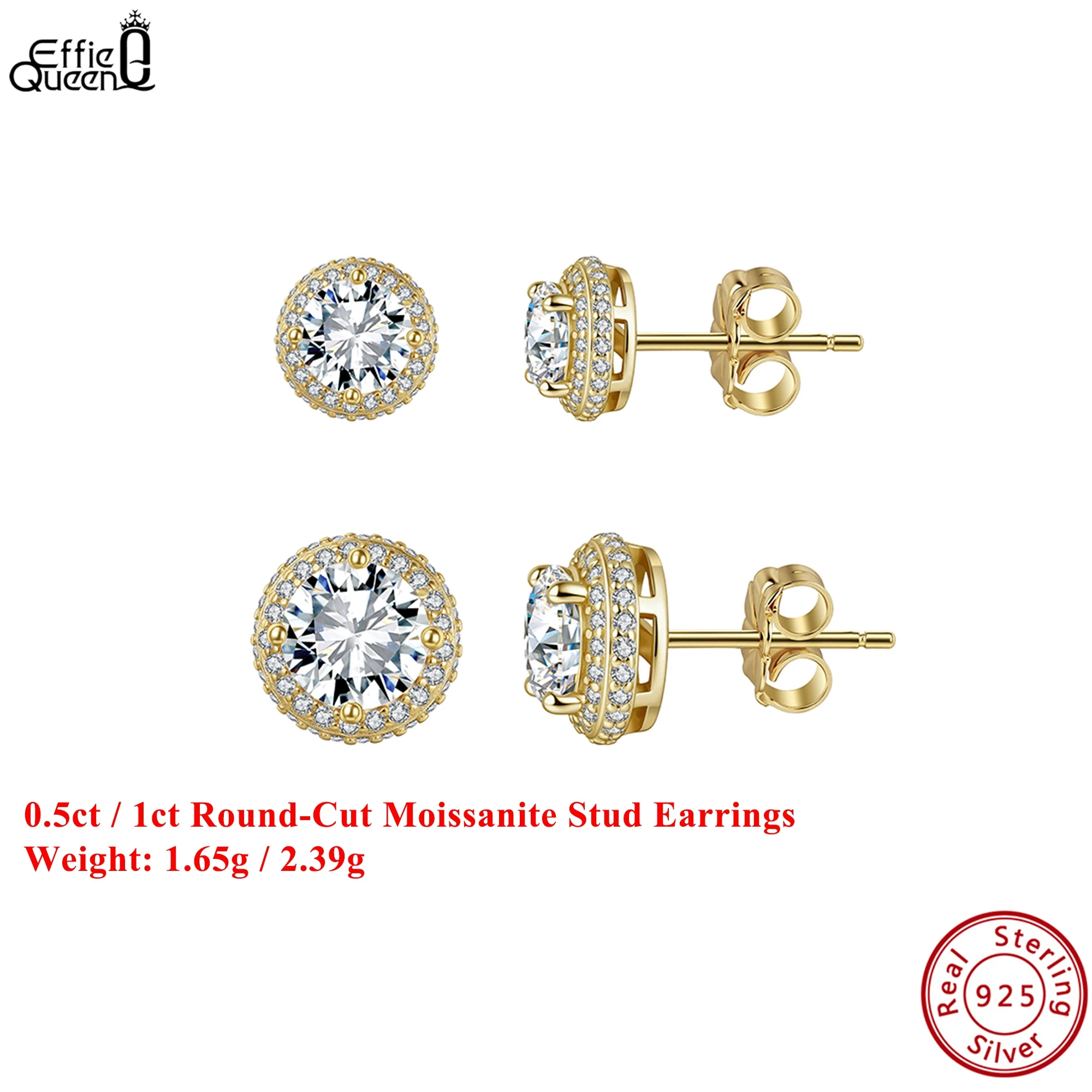 Effie Queen 925 Perak Murni 14 - Moissanite Stud Earrings Round Cut 1Ct ulasan dan harga
