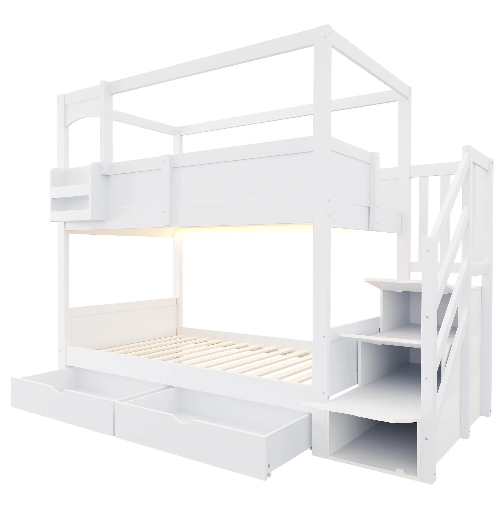Lit superposé pour enfants 90x200 cm en blanc avec échelle de rangement, étagères, tiroirs et tableau créatif, structure en bois style cabane