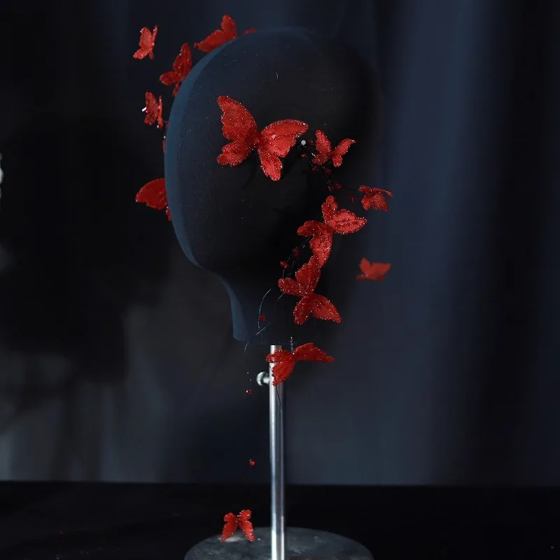 

New French Bride Headdress Red Butterfly Hairpin Dress Accessories Photo Studio Photo Props