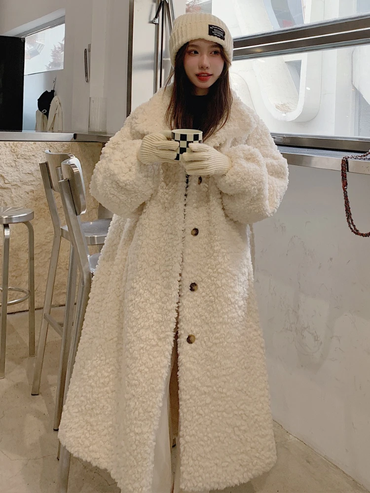 Manteau Long d'hiver en fourrure d'agneau pour femmes, col montant, couleur unie, simple boutonnage, vêtements amples, Parkas épais et chauds, nouvelle collection 2025