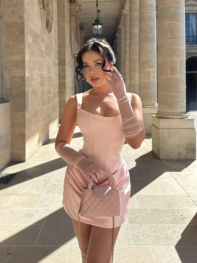 are bodycon dresses in style 2025 Women Sexy Square-neck Halter Mini Dress Pleated Sleeveless Backless High Waist New Summer Lady Party Gowns Burgundy Velvet Short Prom