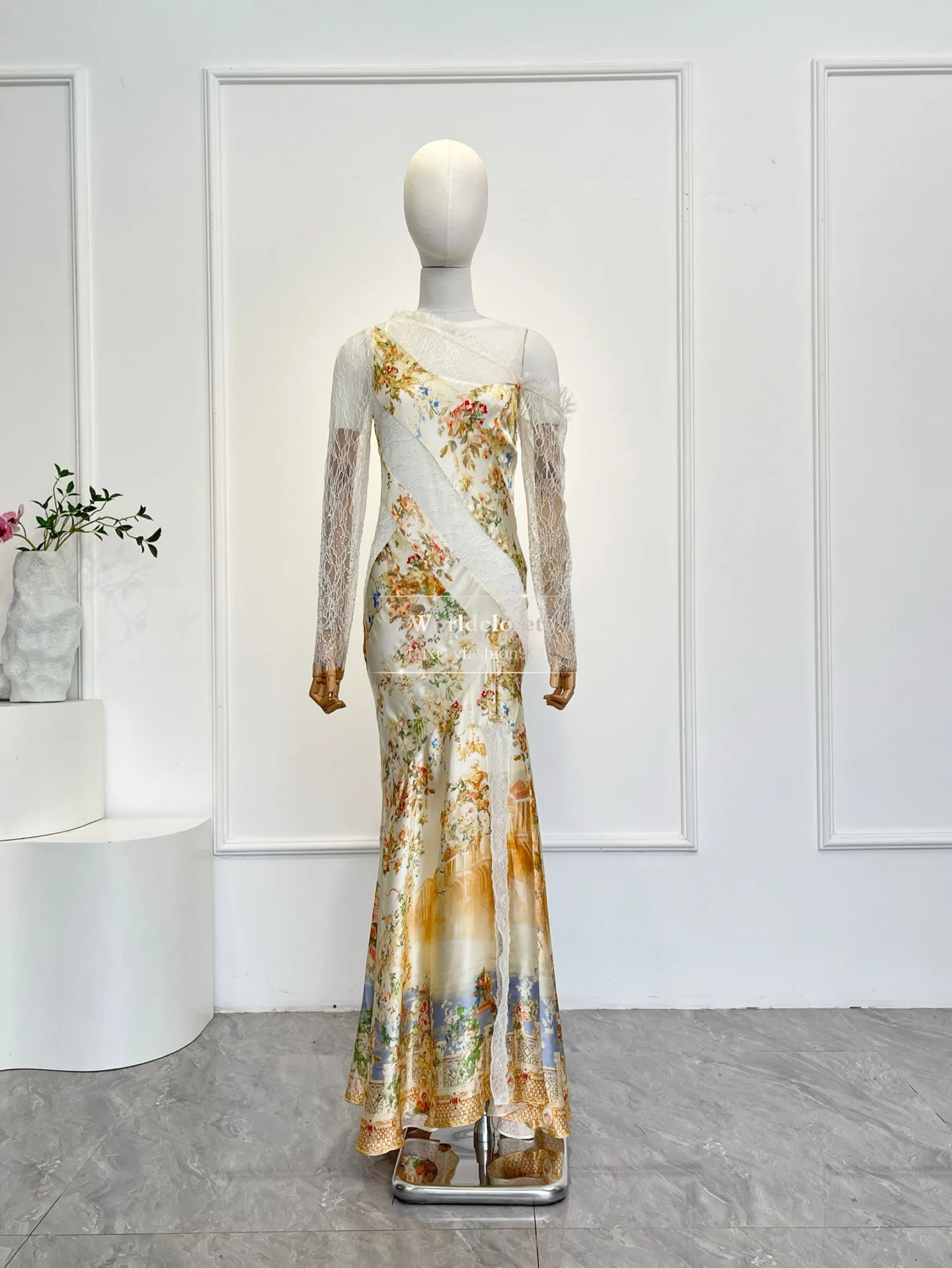 

Vintage Oil Painting Floral Print Sheer Lace Long Sleeves Rhinestone Asymmetrical Paneling Romantic Evening Dress