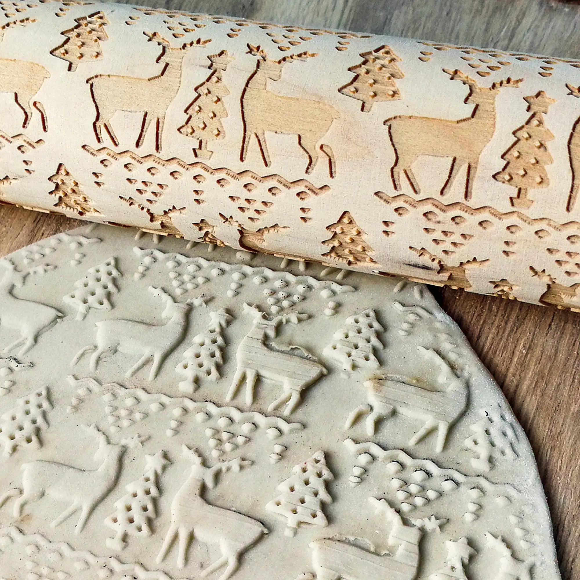 printing Rolling Pins Rock Snowflake Elk Wooden  Embossing Baking Cookies Biscuit Fondant Cake Patterned Roller 35*4.5cm