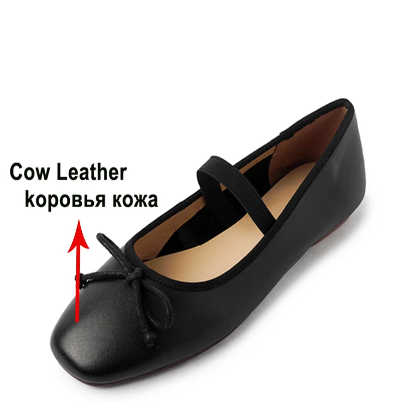 ANNYMOLI Cow Leather Mary Janes Shoes Women Spring Genuine Leather Flat Shoes Bow Square Toe Ladies Footwear 2022 Autumn Black