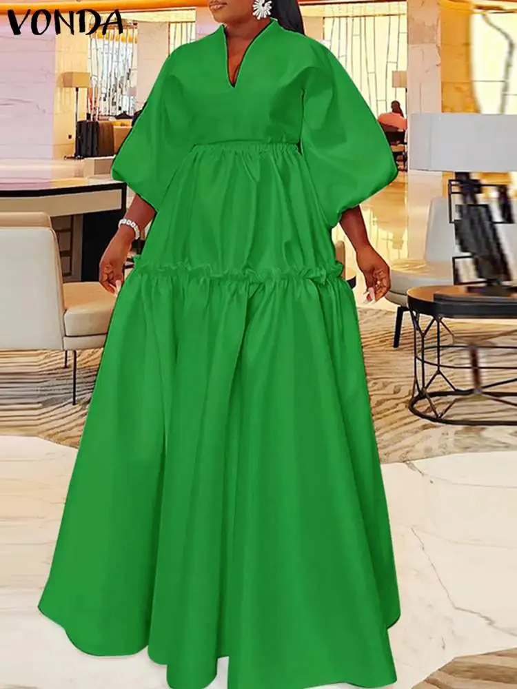 

VONDA Women Elegant Sundress Long Shirt Dress 2024 Summer Solid Color 3/4 Lantern Sleeve Casual Loose Ruffled Maxi Vestidos Robe