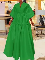 VONDA Women Elegant Sundress Long Shirt Dress 2024 Summer Solid Color 3/4 Lantern Sleeve Casual Loose Ruffled Maxi Vestidos Robe