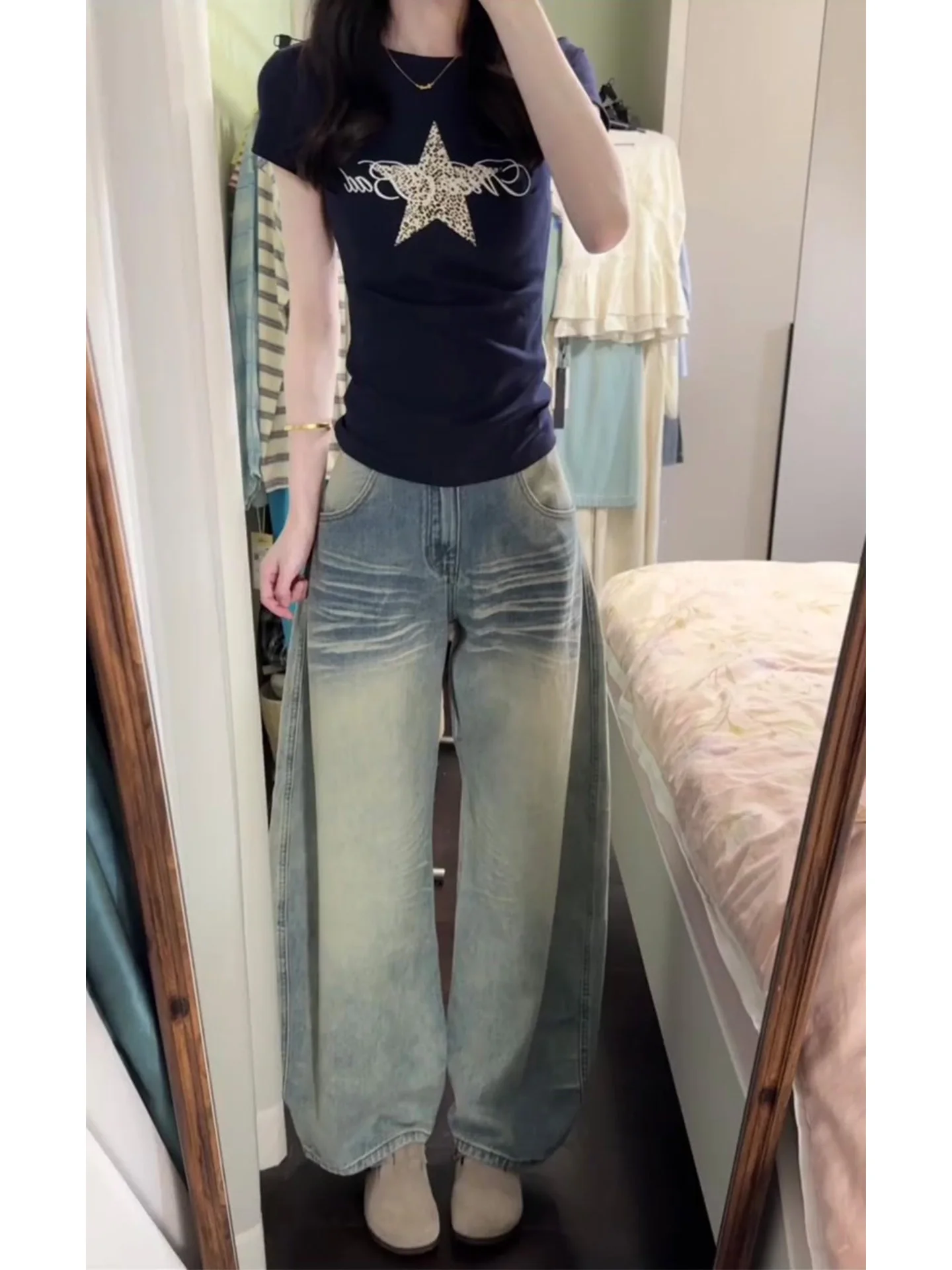 

Retro Washed Light Blue Jeans High Waist Slim Fit Wide Leg Women's Denim Pants Vintage Style Casual Trousers for Spring Summer