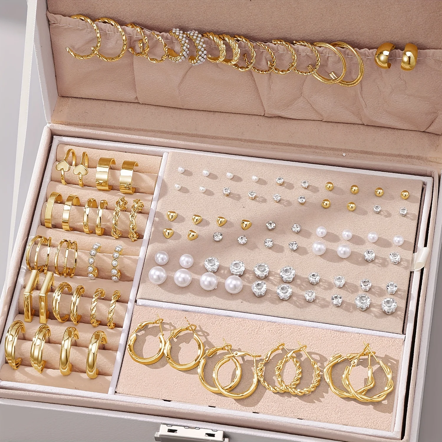 108-Piece Women\'s Jewelry Set, Fashionable Gold-plated Metal With Faux Pearls And Rhinestones, Twisted C- Shaped Earrings