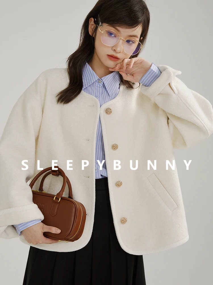 

Elegant Cozy Vintage Wool Blend Short Coat Women Winter Warm Loose Fit Jacket Round Neck Gold Buttons for Casual Office Outfits