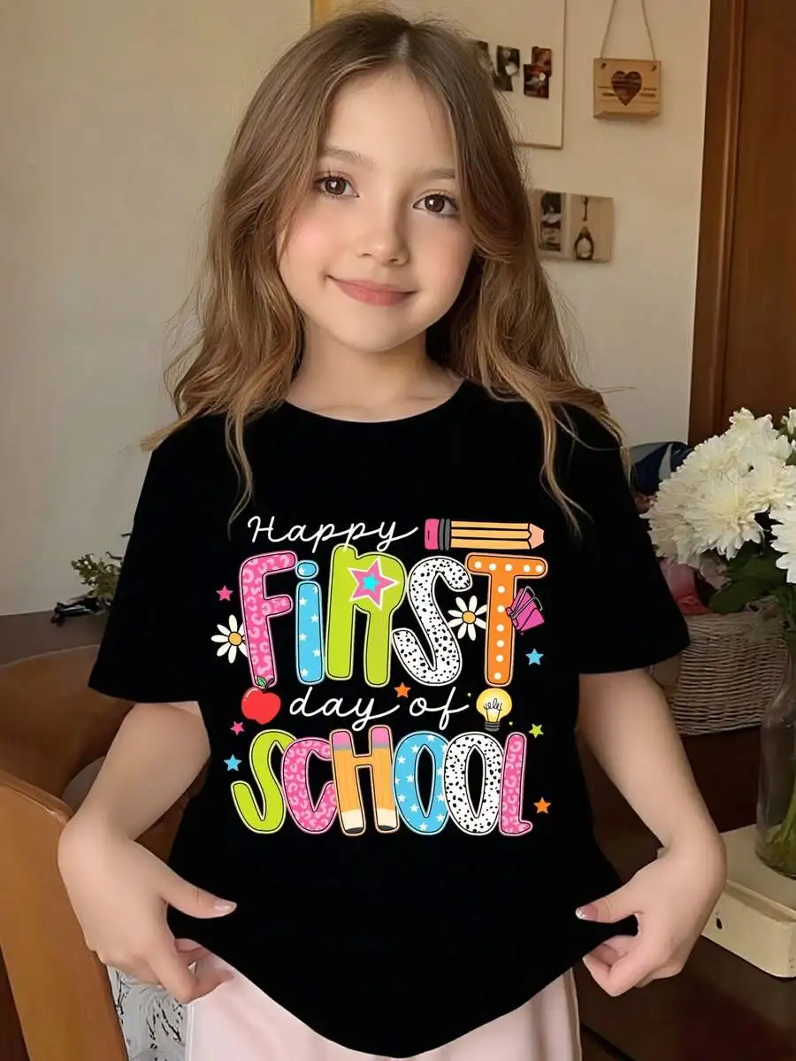 Young Girls Happy First Day Of School Colorful Letter Pencil Apple Print Graphic Tee, Soft Casual Short Sleeve Summer Top For Ba