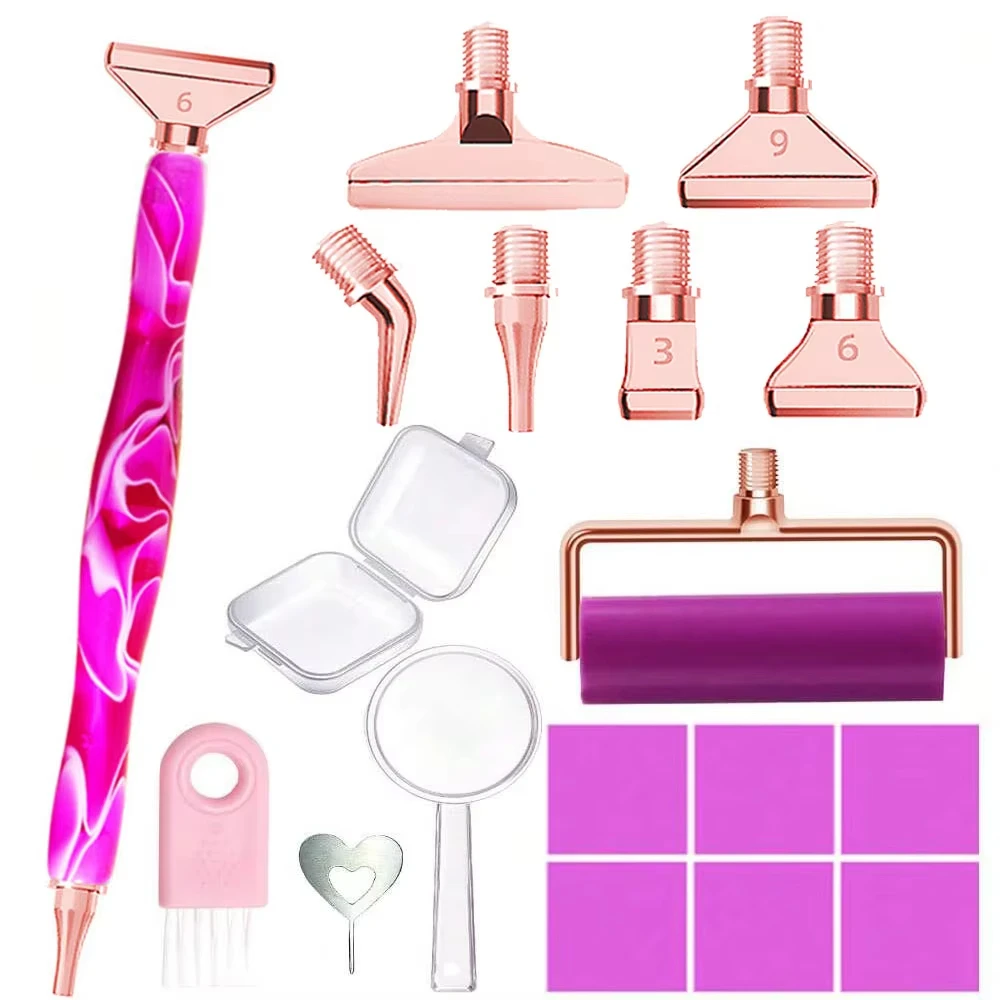 Resin 5D Diamond Painting Pen Kit with Rose Gold Metal Tips, Roller, Magnifier, Wax & Case, Full DIY Embroidery Accessory Set