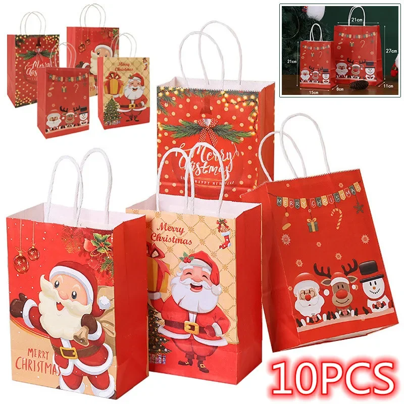 

10PCS Kraft Paper Santa Claus Snowman Pattern Bags Christmas Gift Bags with Handle Cookie Packaging Bags Xmas Party Candy Bag