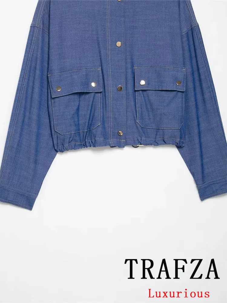 TRAFZA Vintage Casual Blue O-คอยาวแขนยาวเดี่ยวBreastedกระเป๋าแจ็คเก็ตใหม่แฟชั่น 2025 วันหยุดฤดูใบไม้ผลิหญิงเสื้อ