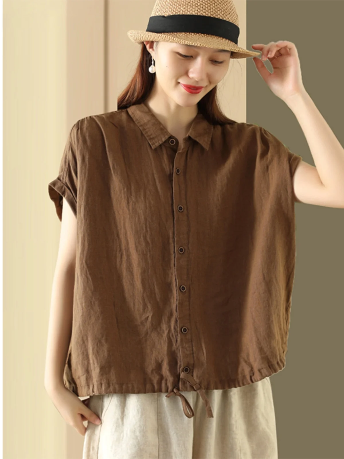 

Retro Cotton Linen ort Sve irt Women's Dstring Casual Single Button Linen Top Brand Tailored Loose Fit Commute Sle