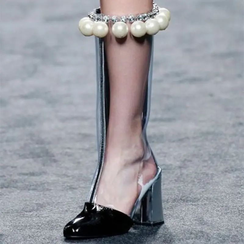 

Женские ботинки до середины икры в стиле пэчворк с прозрачным жемчугом из ПВХ и кристаллами, обувь большого размера на массивном высоком каблуке с боковой молнией