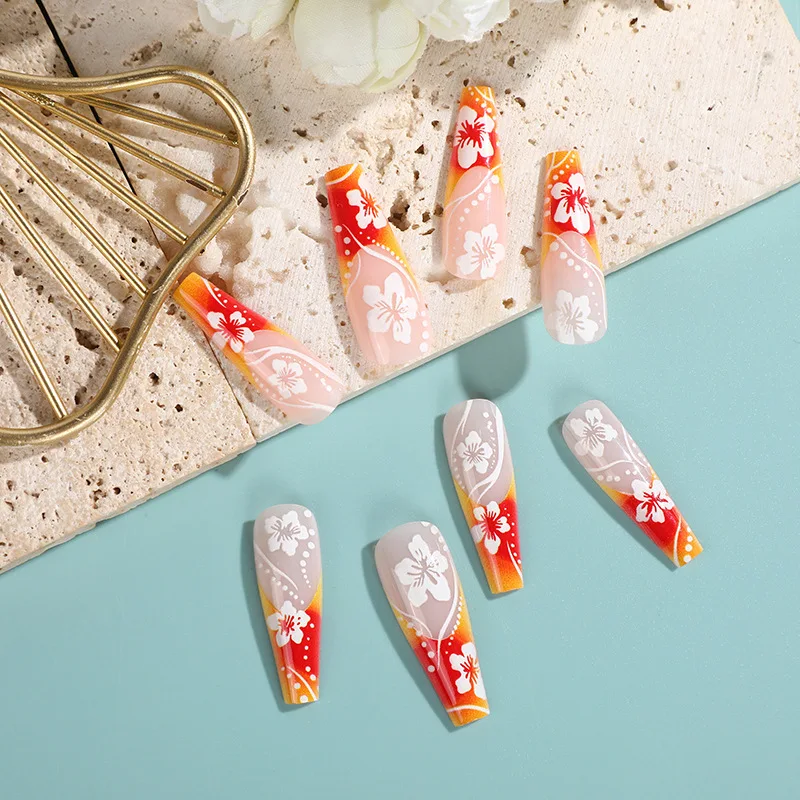 24 pçs flor imprensa em unhas gradiente laranja unhas falsas com cola outono e inverno extra longo artificial francês barato unhas