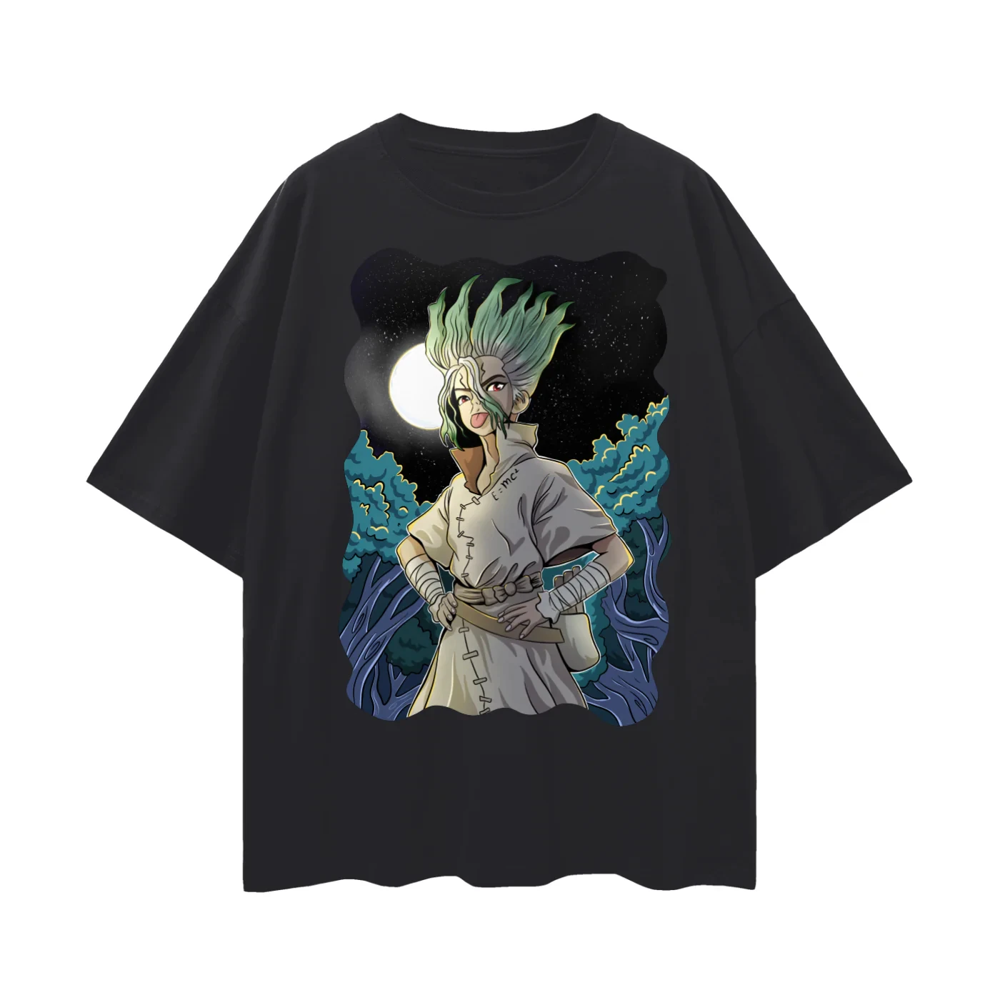 Dr Stone Senku Anime-Grafik-Baumwoll-T-Shirt für Männer, 2025, Sommer, lässig, Streetwear, grünes Haar, lustige Zunge heraus, bedrucktes T-Shirt
