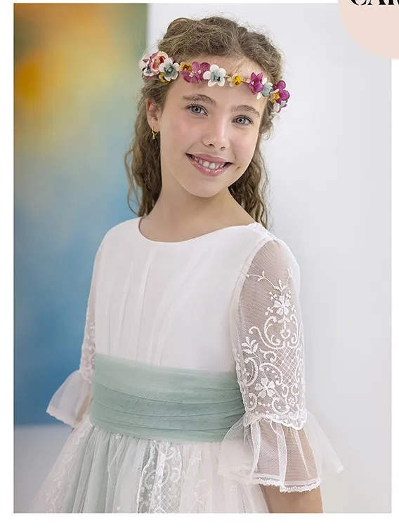Custom Elegant Sheer Lace Embroidered Children's First Communion Dress Girl's Wedding Birthday Party Evening Dress