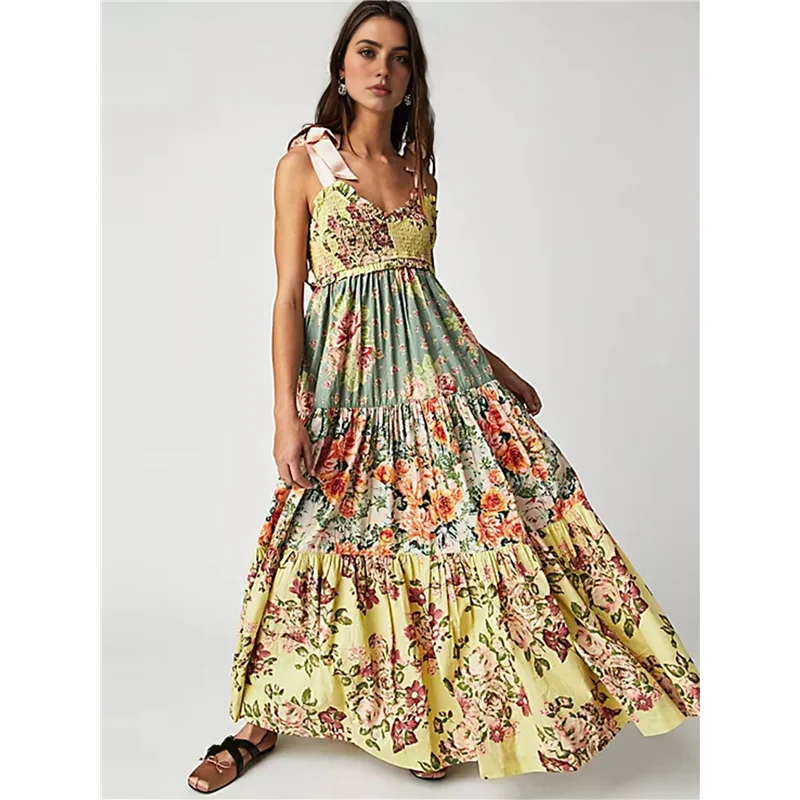 Abito estivo Boho floreale da donna con cravatta sulla spalla, patchwork smockato, maxi abiti fluidi con tasche, autunno-A55G estivo