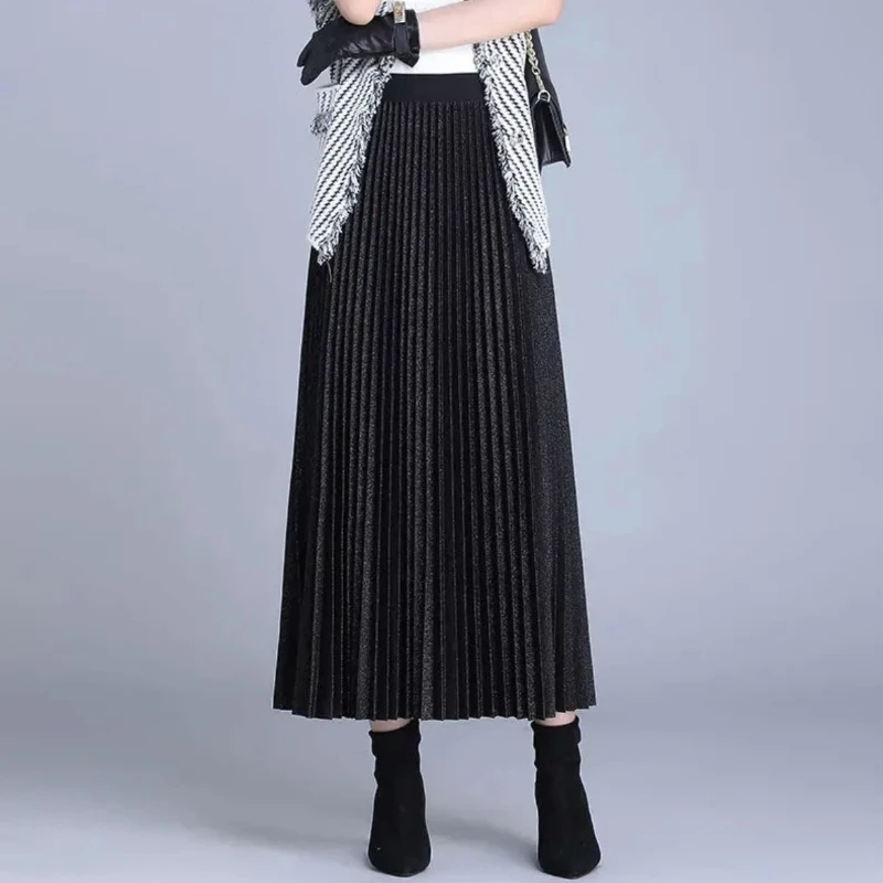 Elegant Pleated Midi Skirt For Women Office Wear Classic Solid Color Asymmetrical Design With Subtle Texture Detailing