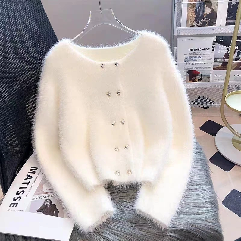 

Fall Winter Thickened Short Coat Women's Faux Mink Knitted Cardigan Sweater Jacket Women Round Neck Double Breasted Cropped Top