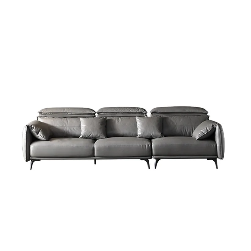 

Leather sofa Italian minimalist straight row three-person sofa living room furniture combination small apartment gray