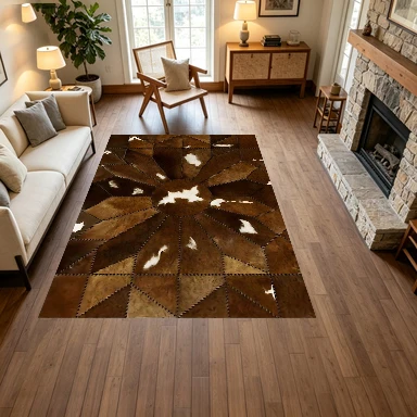 Brown Cowhide Patchwork Carpet Sunflower Splicing Carpet Non-Slip Floor Carpet Suitable for Luxury Home Decoration