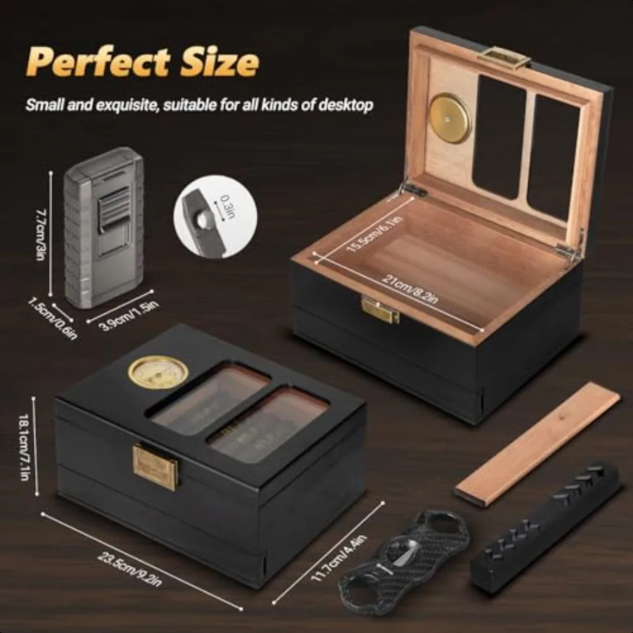 Umidificatore per sigari con piano in vetro, legno di cedro, scatola per umidificatore per sigari 2035 con igrometro, accendisigari e aspiratore per sigari