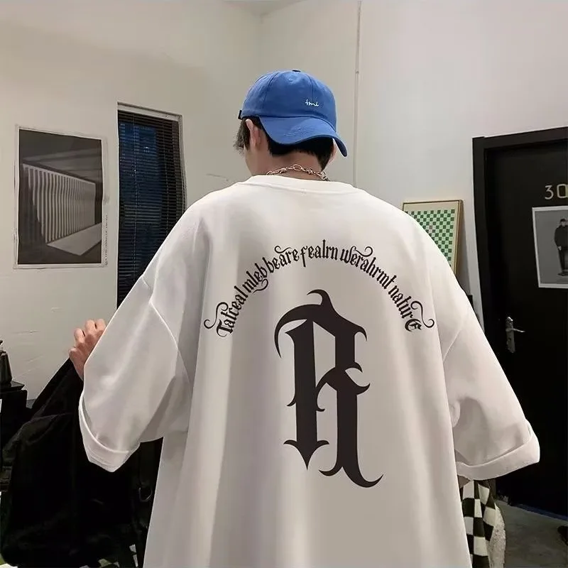 M-8XL Men Oversized Fashion Loose American Vintage Deformed Letter R Print Short Sleeve Round Neck Versatile Trend Couple Outfit image 2