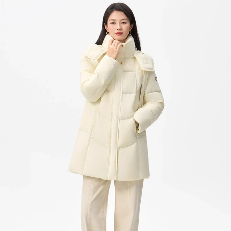 Chericom Halflange ganzendonsjas voor dames 2025 Winter Nieuwe opstaande kraag met capuchon Thermische retro minimalistische stijl jassen Y309732Y